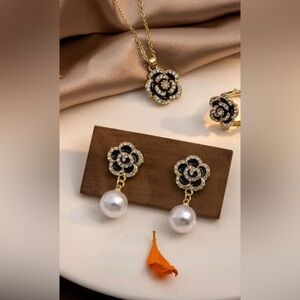 Set of 3 elegant Zircon Black Camellia earrings, necklace & ring size 7